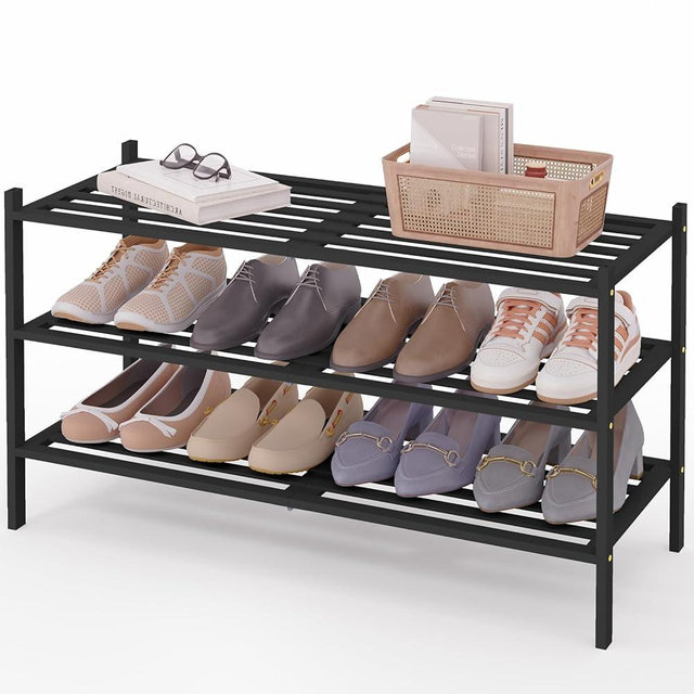 Smiry Long Bamboo Shoe Rack, 3 Tier Free Standing Wooden Shoe Organizer, Stackable Wood Shoe Storage Shelf for Closet, Entryway, 5 Horizontal Slats, 33.9"x11"x18.3", Black