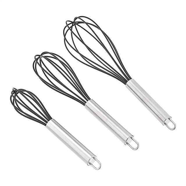 AmazonCommercial Stainless Steel and Silicone Non-Stick Coated Whisk Set, 8", 10", and 12", Pack of 3