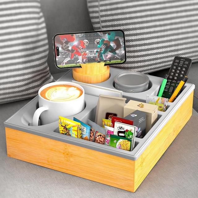 Couch Cup Holder Tray - Couch Organizer Caddy, Silicone Beach Caddy with Cup Holder, Sofa and Bed Drink Holder and Couch Tray Table for Snacks Beverage Remote (Gray)