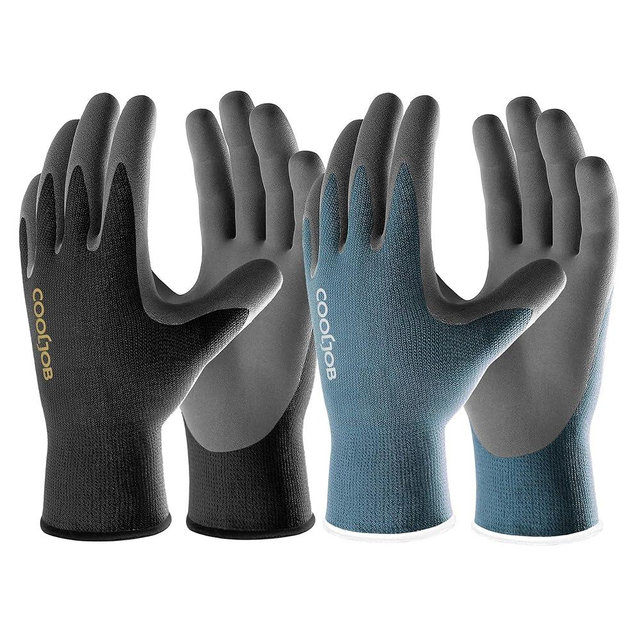 COOLJOB 2 Pairs Micro-Foam Nitrile Safety Work Garden Gloves with Touchscreen Fingers, Lightweight Working for Men’s Sweaty Hands, Non-slip Coated Grip Fits Most Tasks, Medium, Blue & Black