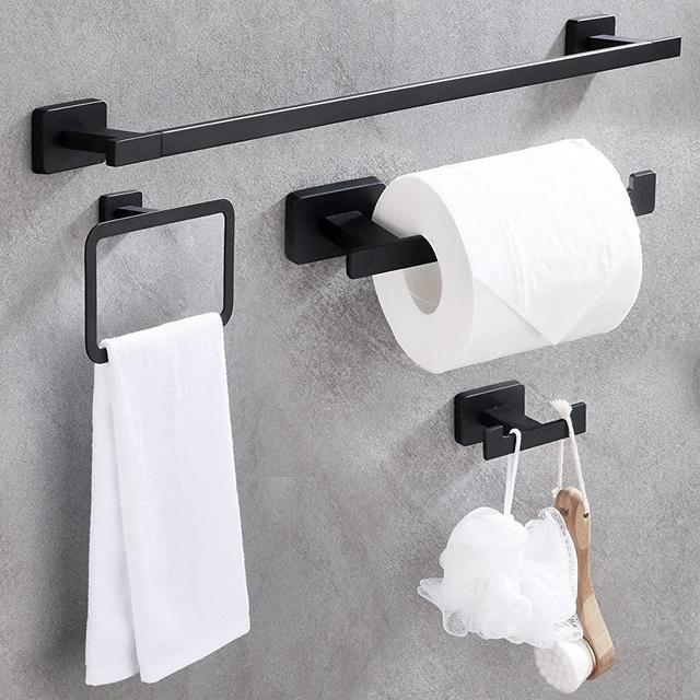 DUFU Bathroom Hardware Set, Hand Towel Bar Toilet Paper Holder Towel Ring and Robe Hook 4 Pieces, Rustproof SUS304 Stainless Steel Bathroom Accessories Kit Wall Mounted - Matt Black, 24 Inch