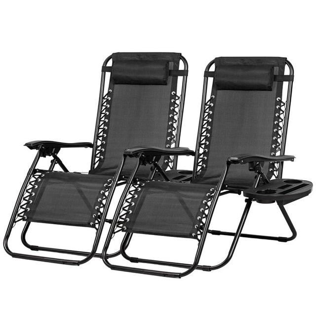 Nazhura Set of 2 Relaxing Recliners Patio Chairs Adjustable Steel Mesh Zero Gravity Lounge Chair Recliners with Pillow and Cup Holder (Black)