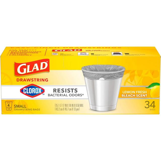 Glad Drawstring Small Trash Bags - Lemon Fresh Bleach - 4 Gallon - 34ct