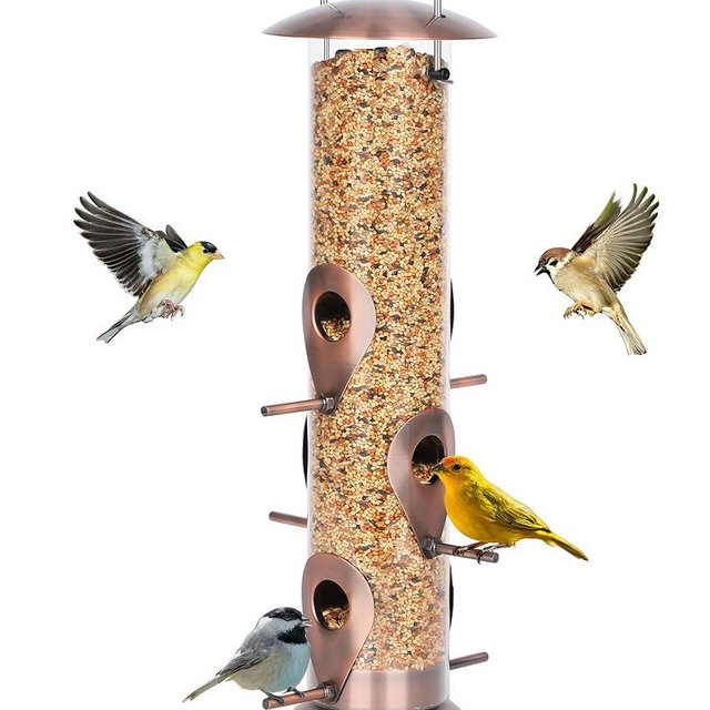 FEED GARDEN Metal Bird Feeder - 6 Port Tube Feeder for Outdoors, Heavy Duty Squirrel Proof with Metal Lid, Easy Fill & Clean, Weather Resistant Copper Finish, 13 Inch