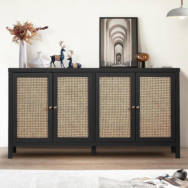 QHITTY Sideboard Buffet Cabinet, Rattan Accent Cabinet Storage Cabinet Console Table with 4 Doors and Adjustable Shelves for Kitchen, Dining Room, Living Room, Hallway (Black)