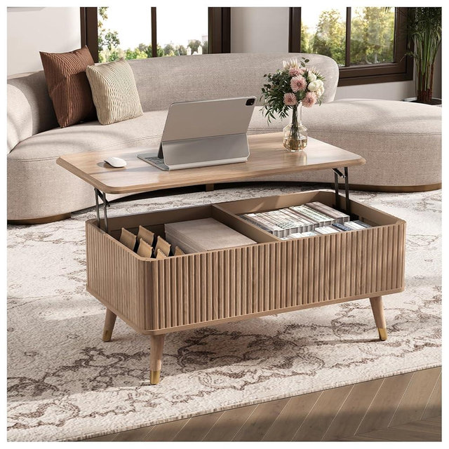 JOINICE Lift Top Coffee Table with Storage, Mid Century Modern Rectangular Center Table, Fluted Design with Hidden Compartment, Rising Desk for Work from Home, Living Room Furniture, Oak Finish