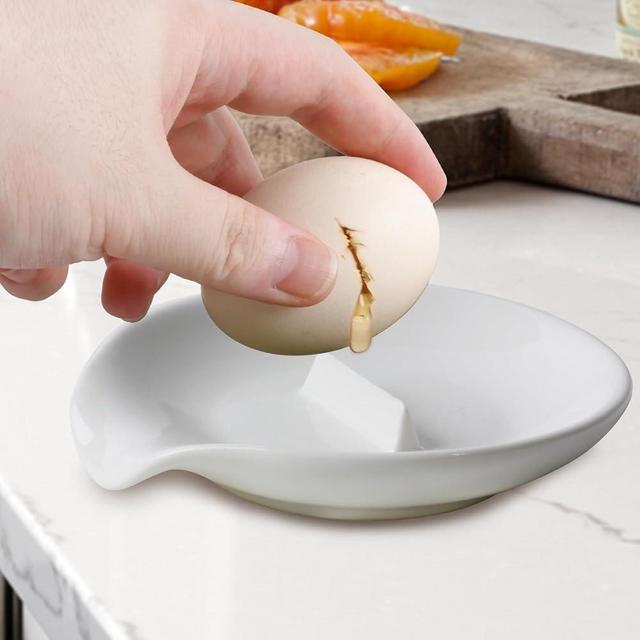 FFQ Egg Cracker & Spoon Holder, Spoon Rest for Kitchen, Ceramic Spoon Holder for Stove Top, Cooking Spoon Holder,Heat Resistant Utensil Rest for Countertop, Dishwasher Safe, Blue (White, White)
