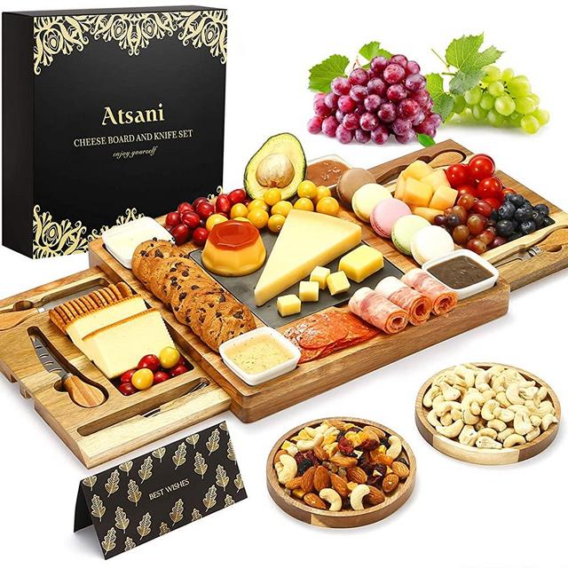 Cheese Board Set & Knife Set,Wood Charcuterie Boards,Cheese Tray with Cutlery in Double Slide-Out Drawer,Cheese Plates for Charcuterie,Wine,Crackers, Brie,Meat,Gift for Valentine,Wedding,Housewarming