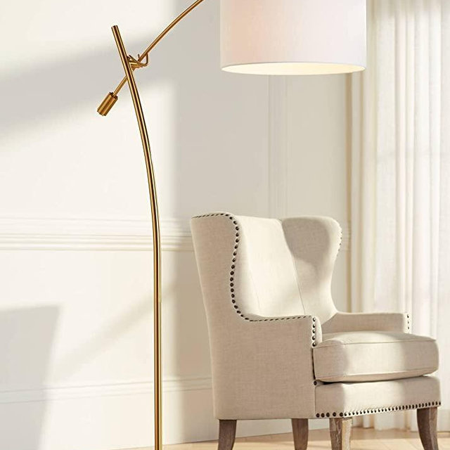 Raymond Modern Arc Floor Lamp 69" Tall Warm Gold Metal Adjustable Boom Arm White Linen Drum Shade Decor for Living Room Reading House Bedroom Home Office House - Possini Euro Design