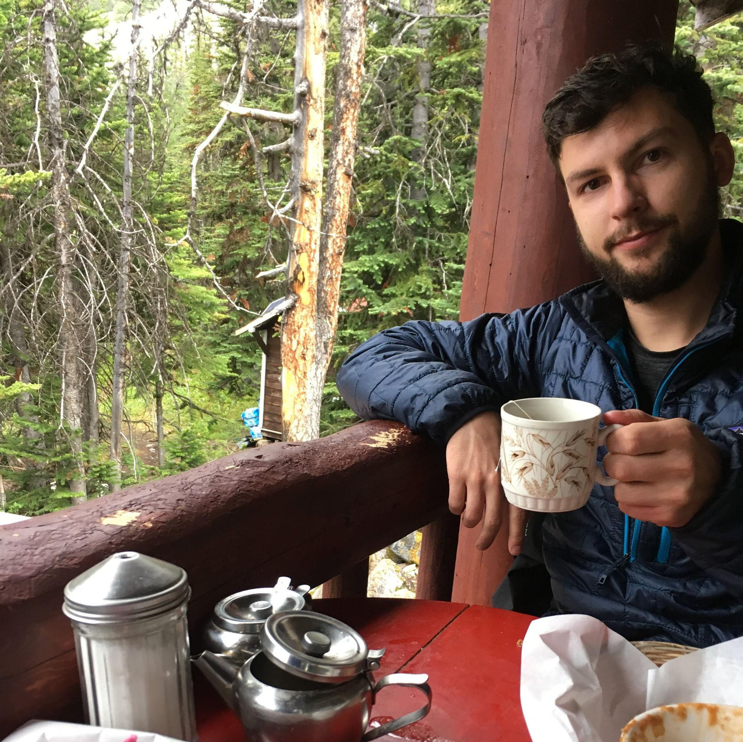 Taking shelter in a tea hut during a hail storm in the Canadian Rockies
