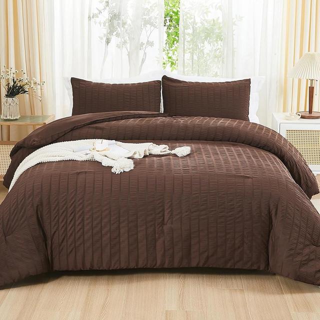 AveLom Brown Seersucker King Comforter Set (104x90 inches), 3 Pieces-100% Soft Washed Microfiber Lightweight Comforter with 2 Pillowcases, All Season Down Alternative Comforter Set for Bedding