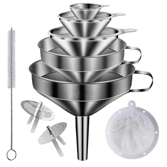 Lmoszuak Stainless Steel Funnels for Kitchen use,5 Different Sizes of Kitchen funnels,Metal Funnel with 2 Removable Strainer,Cleaning Brush,200 Mesh Food Filter,for Transferring of Liquid,Oils,Jam