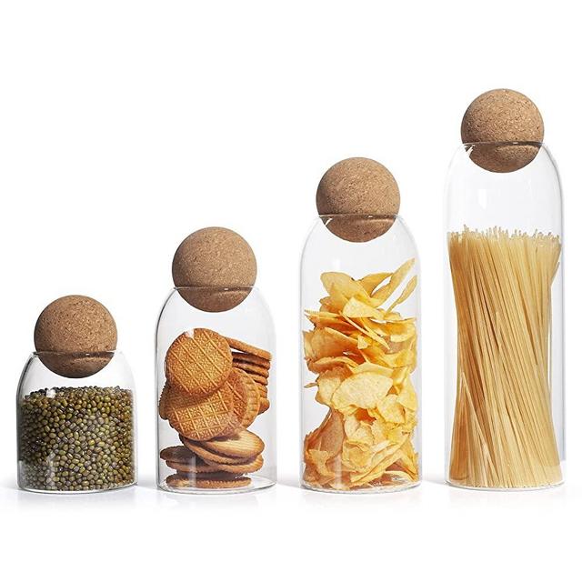 Glass Jars with Lids Glass Storage Jars with Wood Lid, Different Sizes Clear Glass Jar for Candy, Tea, Coffee Bean, Spices,etc. Kitchen Canisters set of 4，Cork Jars