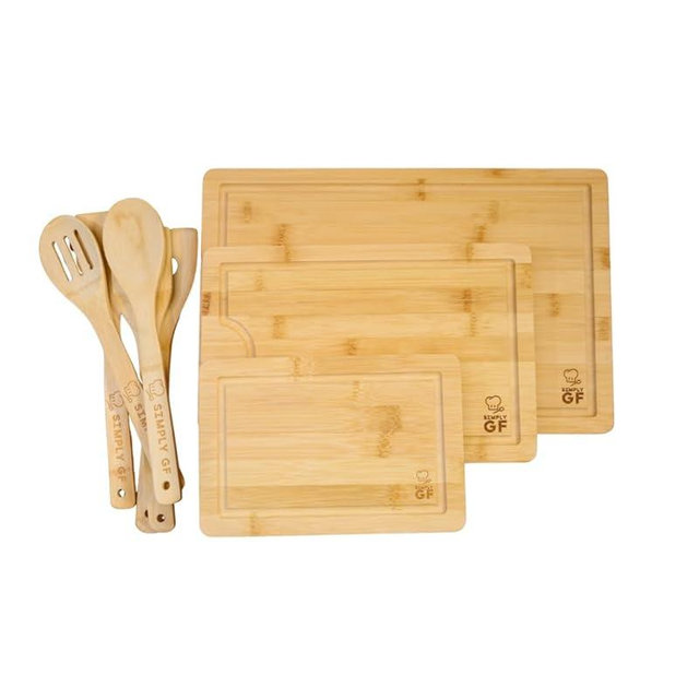 Simply GF 8-Piece Bamboo Cutting Board & Utensil Set – 3 Extra-Thick Boards with Juice Grooves (15", 11", 9") + 5 Cooking Utensils – Dedicated Gluten-Free Kitchen Tools, Ideal for Mixed-Diet Homes