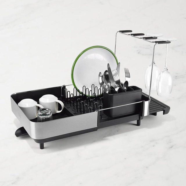 Joseph Joseph Extend Steel Plus Expandable Dish Rack with Wine Glass Holder, Black
