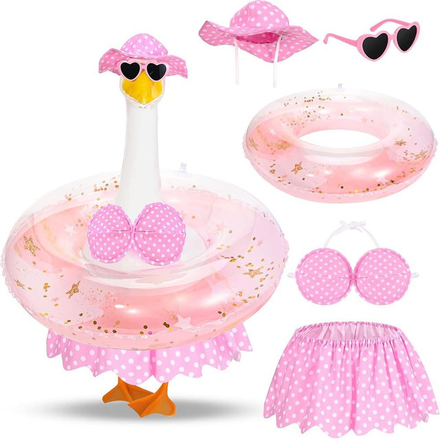 GANSHAYA Hawaiian Porch Goose Outfits Summer Bikini Goose Outfit Fits 23" Goose Statue with Hat Sunglasses & Swimming Ring for Cement Yard Decor (Pink)