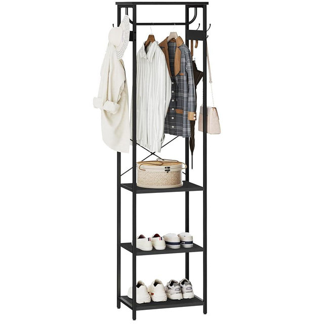 Cerlyunzan Coat Rack With Hanging Rod, Garment Rack With 3 Wooden Shelves and 4 Hooks, Freestanding Hall Tree, Industrial Clothes Rack Stand Organizer, Black