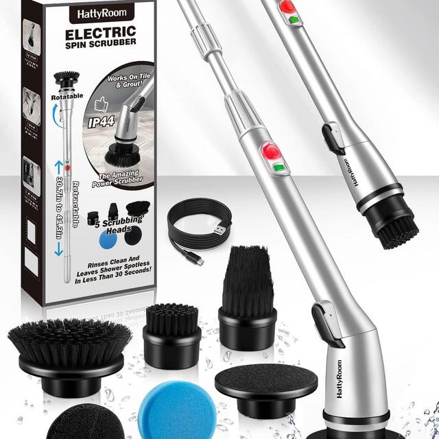 Adjustable Rechargeable Cordless Shower Scrubber with 5 Cleaning Brush Heads, Electric Spin Power Scrubber with Long Handle Extension Arm for Bathroom, Tub, Tile, Car, Floor