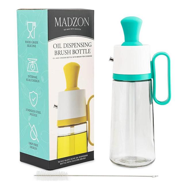 MADZON 3-in-1 Olive Oil Dispenser Bottle for Kitchen with Brush and Straw Cleaner. Pour, Drizzle or Brush Vinegar, Soy and Cooking Oil Container. 18.6oz Glass Oil Cruet/Leakproof Spout (Green)