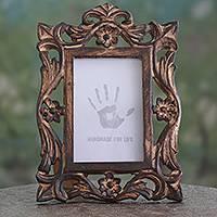 Mughal GrandeurCarved Wood Photo Frame with Floral Motifs from India (4x6)