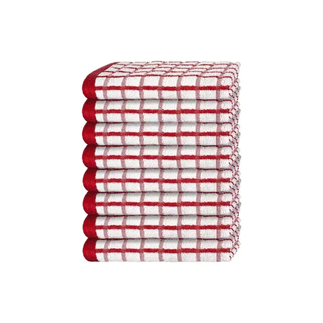 White Classic 100% Cotton Checkered Design Kitchen Towel Set of 8 - 16x26" Red