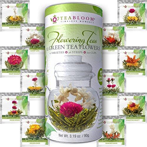 Teabloom Flowering Tea - 12 Unique Varieties of Fresh Blooming Tea Flowers - Hand-Tied Natural Green Tea Leaves & Edible Flowers - 12-Pack Gift Canister - 36 Steeps, Makes 250 Cups