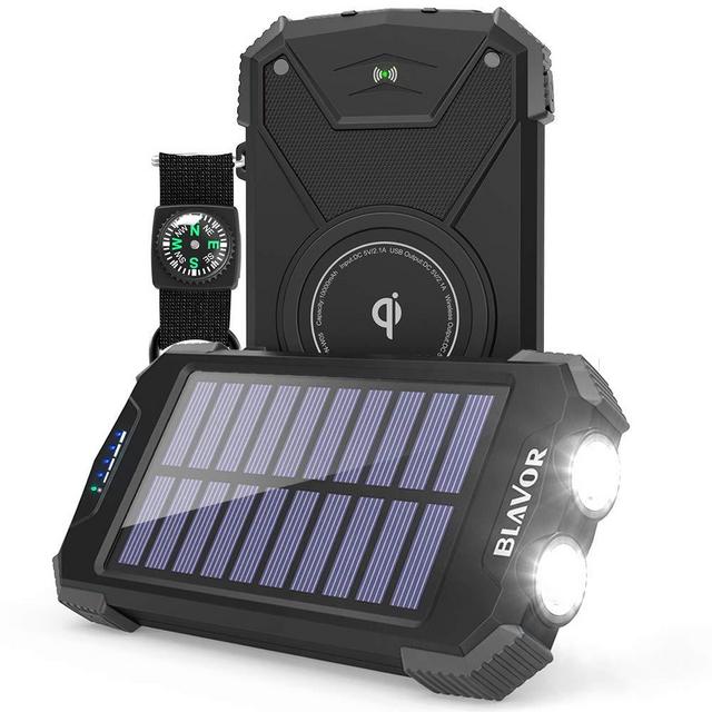 Solar Power Bank, Qi Portable Charger 10,000mAh External Battery Pack Type C Input Port Dual Flashlight, Compass (IPX4 Splashproof, Solar Panel Charging, DC5V/2.1A Input) (Black)