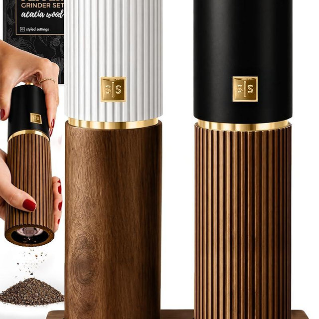 Wooden Salt and Pepper Grinder Set – Refillable Manual Salt and Pepper Mills with Adjustable Ceramic Burrs, Gold Detailing, and Wood Stand – White, Black and Acacia