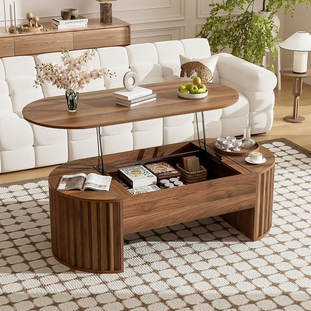 Merax 47.2'' Lift Top Oval Coffee Table with Hidden Storage Compartment, Modern Wooden Center Table with Oval Lift Tabletop for Home Living Room, Brown