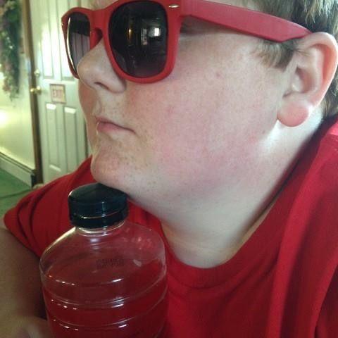 Red glasses, Red Shirt, Red Gatorade. Red.