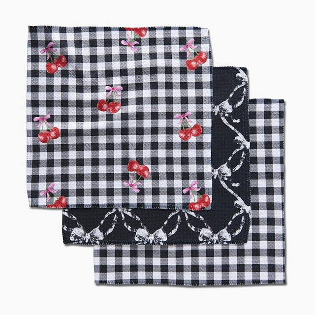GEOMETRY Reusable Dish Cloths – Summer Collection – Quick-Dry, Odor-Resistant, Lint-Free, Absorbent Microfiber Towels for Kitchen & Home (Cherry Bow, 3-Pack)