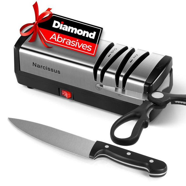 Narcissus Knife Sharpener, Diamond Abrasives Electric Knife Sharpener for Stainless Steel and Ceramic Knives, with Scissors Sharpener & Metal Dust Collection Box, Quick Sharpening & Polishing, Silver