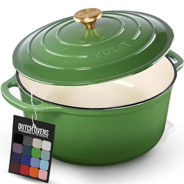 Zulay Kitchen 6 Quart Enameled Cast Iron Dutch Oven Pot with Lid – Premium Durability & Oven Safe up to 500°F – Heavy Duty Cookware Perfect for Bread Baking, Stews, Braising & Roasting – Green