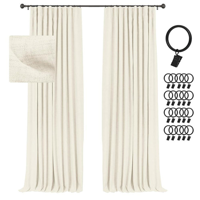 INOVADAY 100% Blackout Curtains for Bedroom, Black Out Curtains 63 Inch Long, Clip Rings Linen Blackout Drapes, Thermal Insulated Room Darkening for Living Room, 2 Panels - Lightcream,W50xL63