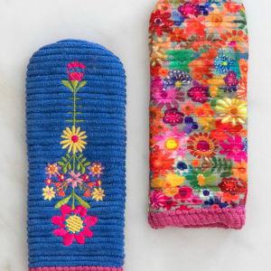 Skillet Handle Holders, Set of 2 - Blue Folk Flower Patchwork