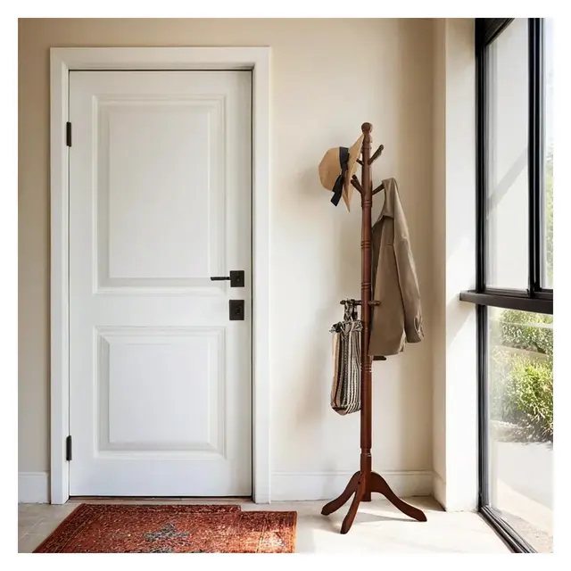 LEDREM Solid Wood Coat Rack and Stand, Free Standing Hall Coat Tree with 10 Hooks for Hats, Bags, Purses, for Entryway, Hallway, Rubberwood