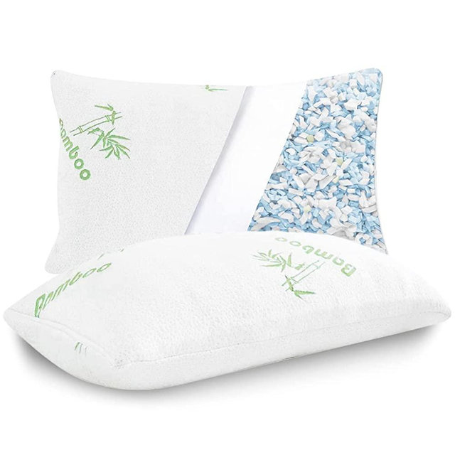 Cooling Bamboo Pillows 2 Pack Queen Size for Sleeping, Soft Shredded Memory Foam Washable & Removable Zippered Breathable Bamboo Cover, Relieves Neck Pain Snoring Asthma for Back/Stomach/Side Sleeper