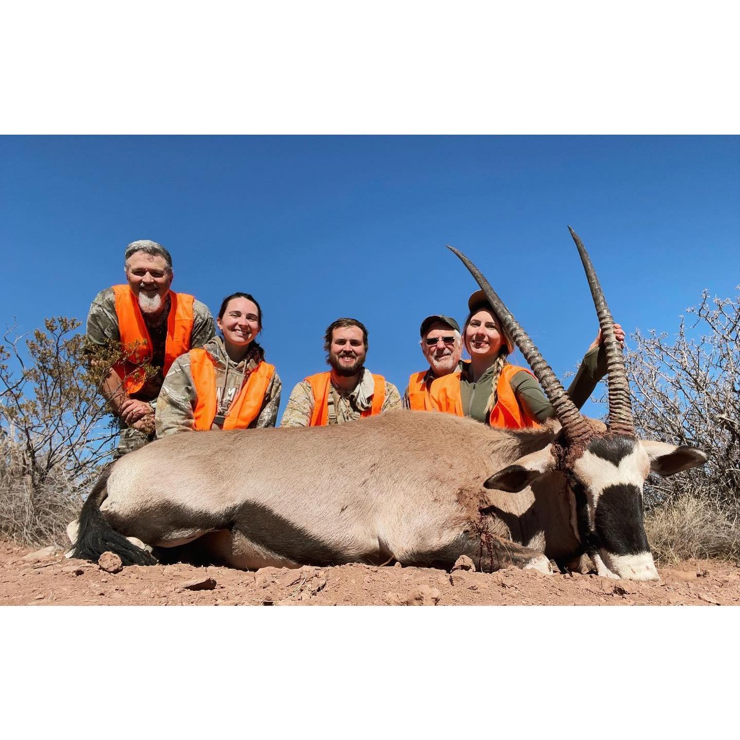 Zoë's once-in-a-lifetime on White Sands Missile Range oryx with bridesmaid Mackenzie and two Jeff's(2021) 
    
Left to right: Jeff Best, Mac Best, Nels, Jeff Havlena, Zoë