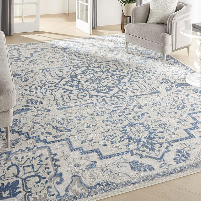 Nourison Elation Floral Ivory Blue 7'10" x 9'10" Area -Rug, Easy -Cleaning, Non Shedding, Bed Room, Living Room, Dining Room, Kitchen (8x10)