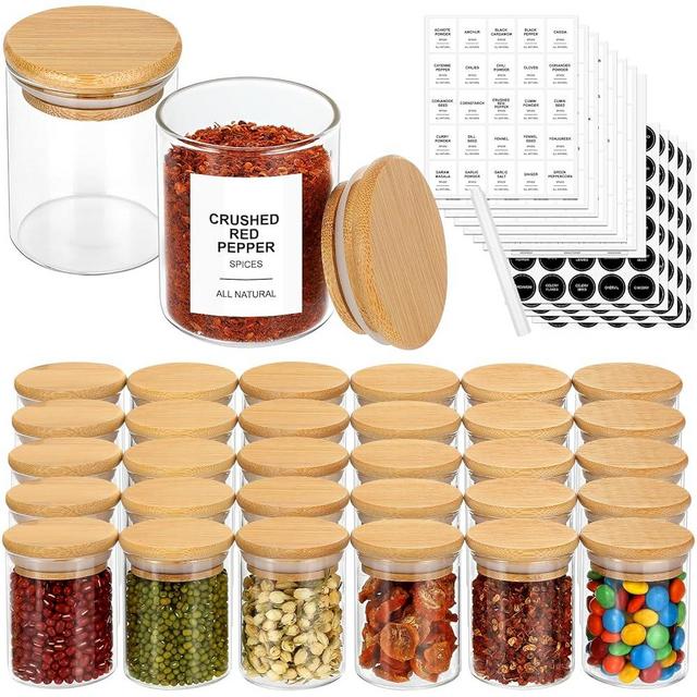 EgticHome 4OZ Glass Spice Jars with Bamboo Lids and 315 Labels, 24 Pcs Clear Food Storage Containers for Kitchen Sugar Salt Coffee Tea Beans