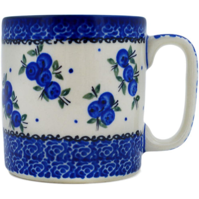 Polmedia Polish Pottery Mug 13 oz - Lovely Blueberries Pattern Handmade in Boleslawiec Poland by Ceramika Bona + Certificate of Authenticity