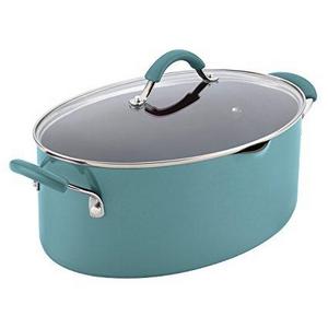 Rachael Ray Cucina Hard Porcelain Enamel Nonstick Pasta Pot, Covered Oval with Spout, 8-Quart, Agave Blue