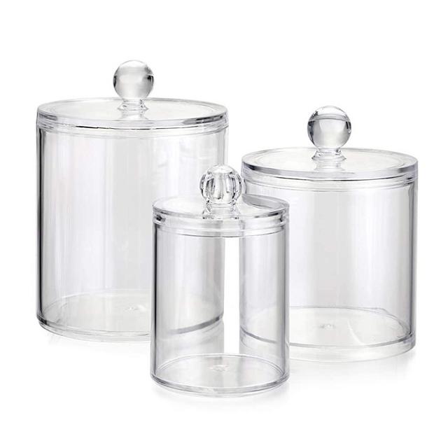 Hipiwe Set of 3 Cotton Ball and Swab Organizer with Lid - Apothecary Acrylic Jar Makeup Cotton Organizer Q-Tips Holder Bathroom Vanity Storage Canister Jar for Cotton Rounds Pads