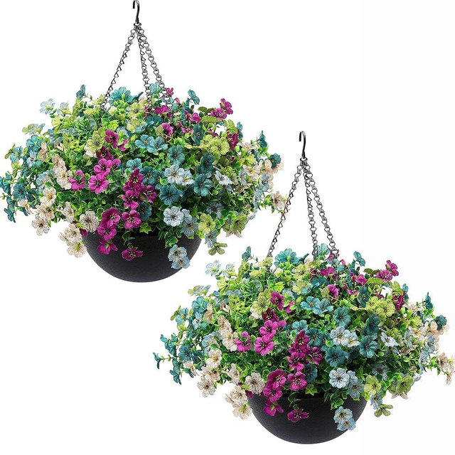 2 Sets Artificial Hanging Plants Flowers with Basket for Outdoors,30 Bundles UV Resistant Fake Plants Spring Summer Decoration Faux Silk Eucalyptus Garden Patio Yard Front Porch Balcony Arrangement