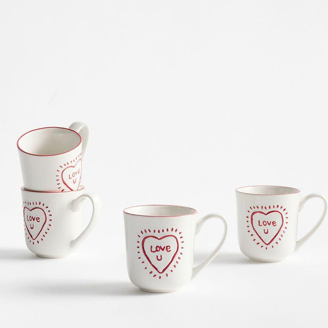 Love You Embossed Stoneware Mugs, Set of 4 - White/Red