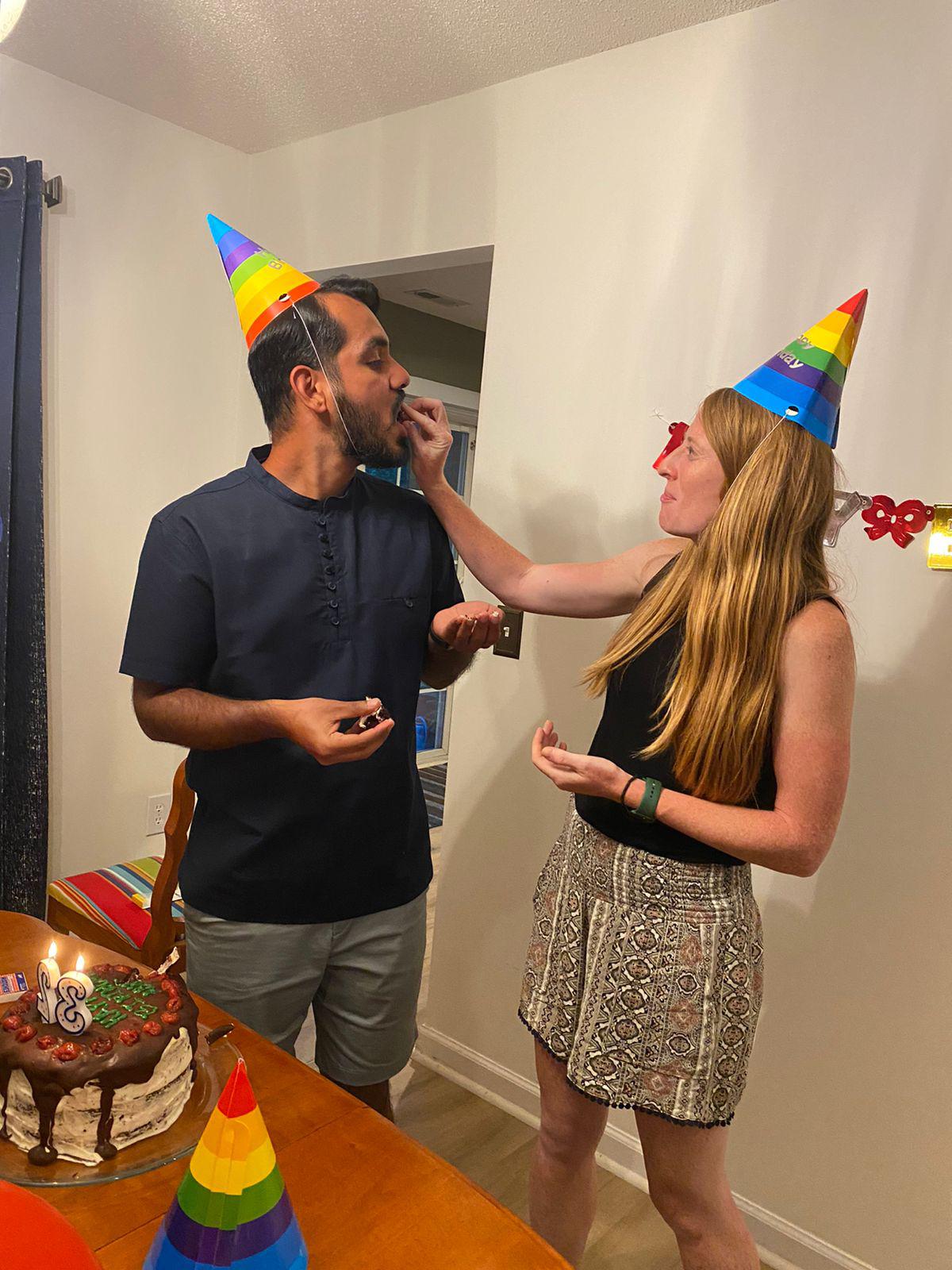 Enjoying some cake on Abhi's 32nd birthday!