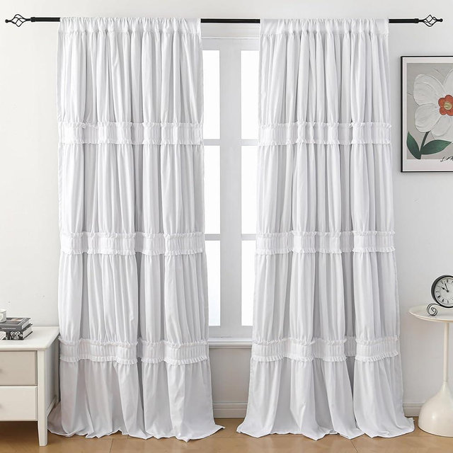 PLEGOS Thermal Insulated Blackout Window Curtains, 52" W x 84" L x 2 Panels, Boho Ruched Window Treatments with 3 Rows of Ruffle, Rustic Rod Pocket Drapes for Room, White (White, 52" W x 84" L)