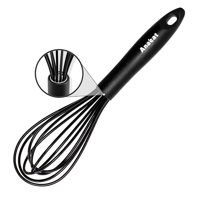 Anaeat 8.5" Silicone Balloon Whisk, Perfect for Non-Stick Cookware, Milk and Egg Beater Blender, Heat Resistant Kitchen Whisks for Whisking, Cooking, Baking, Beating, Frothing & Stirring (Black)