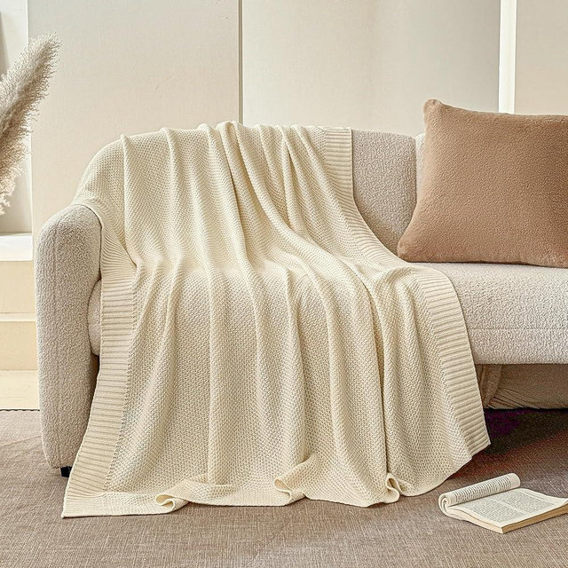 Simple&Opulence 100% Cotton Blanket King Size, Solid Color Cable Knitted Blanket Super Soft Comfortable Breathable Decorative Farmhouse for Couch Sofa Bed, All Season Use(White,104x90)