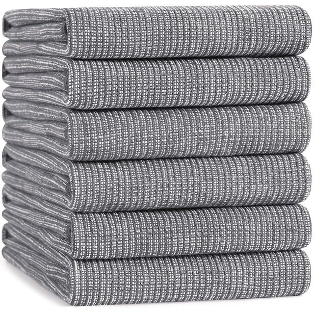 Mordimy Premium Kitchen Towels 6 Pack (18 x 28 Inches, Grey), Large Cotton Kitchen Hand Towel, Flat & Terry Dish Towels for Drying Dishes, Super Absorbent Tea Dishtowels Set with Hanging Loop